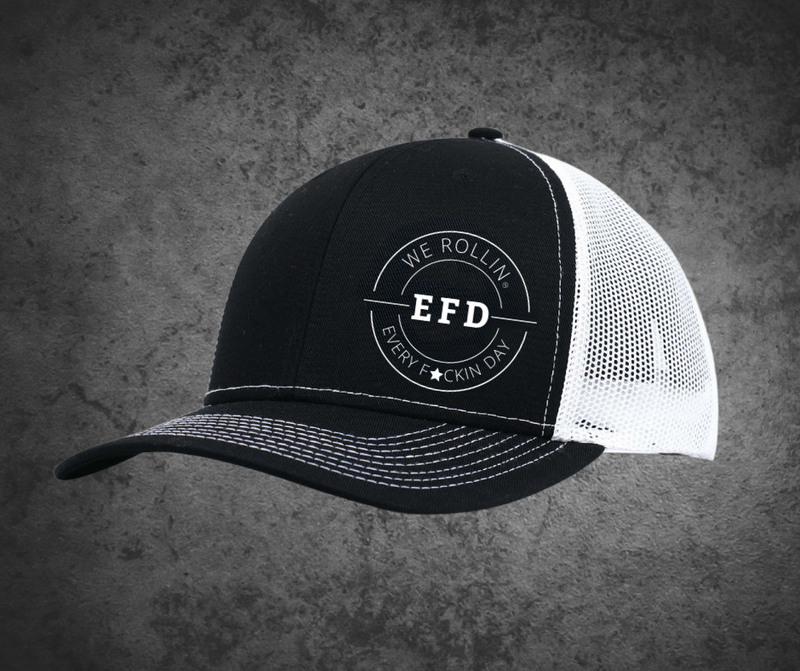 Front view of We Rollin EFD Pro Style Black and white Trucker Hat with white embroidery