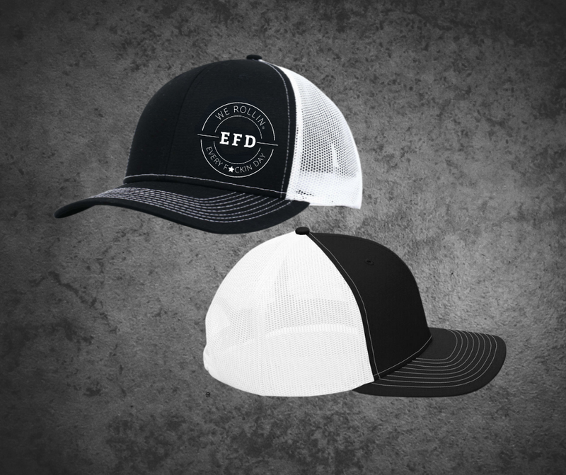Side and back details of We Rollin EFD Pro Style Black and white Trucker Hat with white embroidery