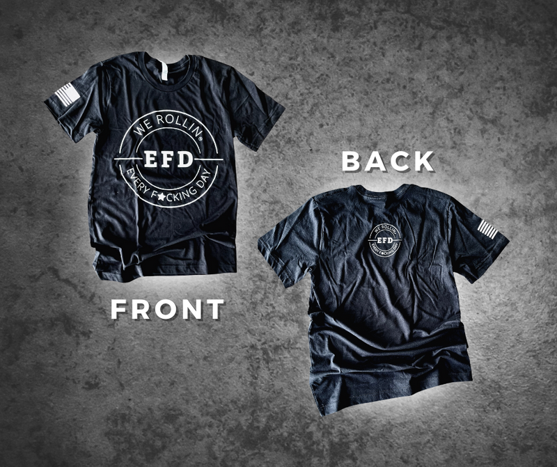 Front and Back view of BLACK Round Neck Jersey Tshirt with Large EFD Logo at the Front and small EFD Logo print at the back