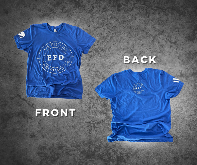 Front and Back view of BLUE Round Neck Jersey Tshirt with Large EFD Logo at the Front and small EFD Logo print at the back